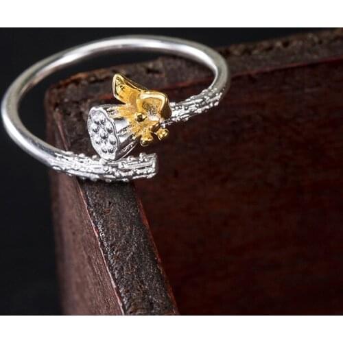Lotus Flower Womens Ring Real Silver 925 Fine Accessories For Jewelry Adjustable Gift Female Ring Trend Decorations Teen Girls