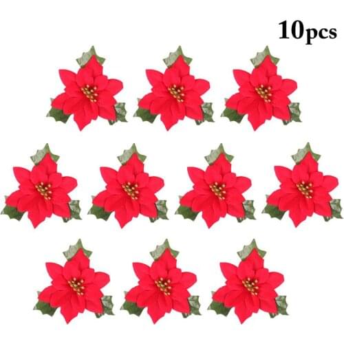 10pcs Artificial Flowers For Decoration Glitter Poinsettia Fake Flowers DIY Home Wedding Decoration Flower Head Christmas