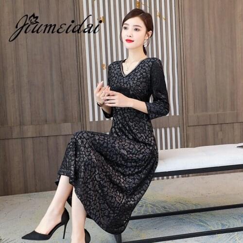 JiuMeiDai Plus Size 2020 Autumn Women Sexy Long Dress Office Lady Elegant V-Neck Printed Dresses Female Vintage Party Clothing
