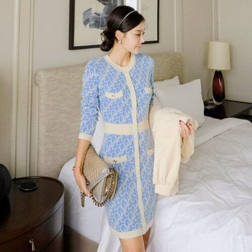 JSXDHK Chic Korean Knitted Jacquard Sweater Dress Fashion Autumn Women Letter Print Patchwork Button Deco Slim Bodycon Dresses