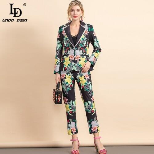 LD LINDA DELLA New 2021 Fashion Designer Autumn Black Pants Suit Womens Long sleeve Flower print Jaket and Pants 2 Pieces Set