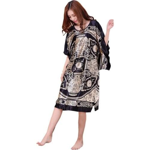 Summer Womens Faux Silk Nigh Robe Black Lady Bath Gown Nightgown Bathrobe Sleepwear Mujer Pijama Flower Plus Size