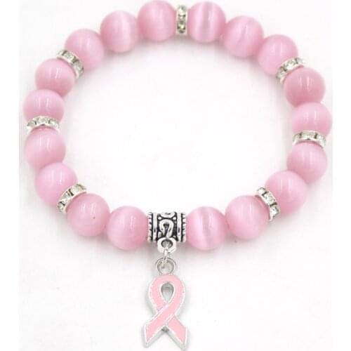 New Arrival Breast Cancer Awareness Jewelry White Pink Opal Beaded Bracelet Breast Cancer Pink Ribbon Charm Bracelets&Bangles