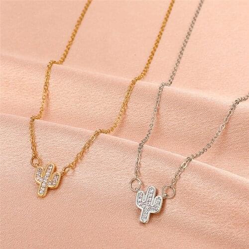 Simple Style Crystal Cactus Pendant Necklace For Women Girls New Design Plant Charms Copper Choker Collar Jewelry Gifts