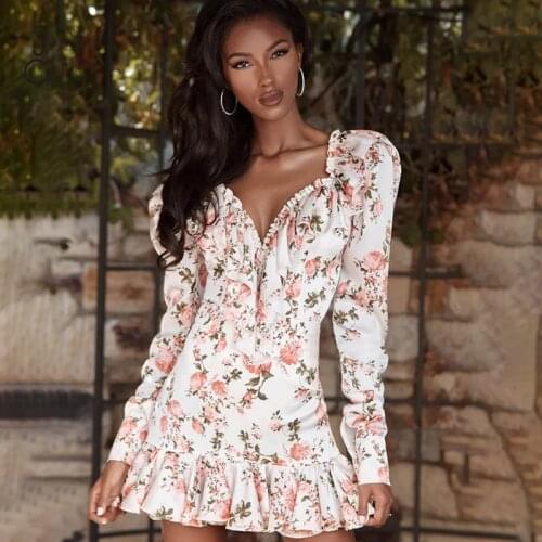 Justchicc Floral V-neck Long Sleeve Autumn Dress For Women Ruffle Hem Printing Mini Dress Multi Holiday Beach Elegant Vestidos