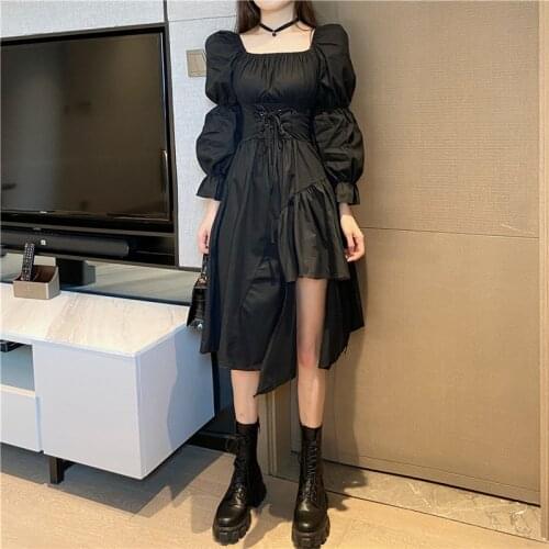 Dress 2020 new autumn fashion waist slimming mid-length irregular black dresses womens clothing