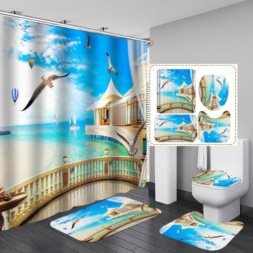 Beach Landscape Waterproof Cloth De Bathroom Shower Curtains Blue Bathroom Screen Decor Simple Curtains