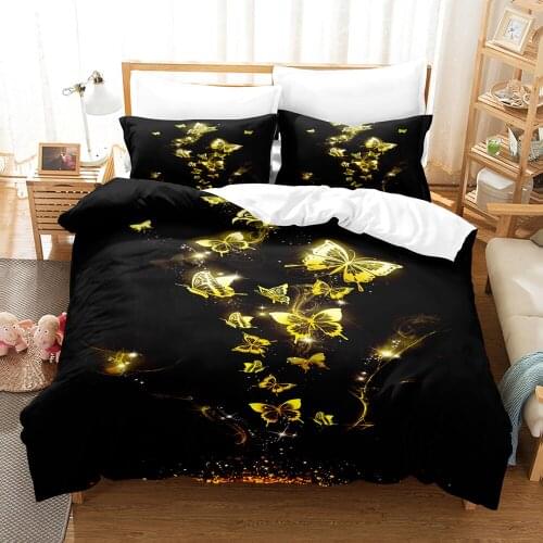 Print Gold Butterfly Bedclothes 220x240 Hot Luxury Bedding Sets Cotton Double Single Size Duvetcover&2pcs Pillowcase High-grade