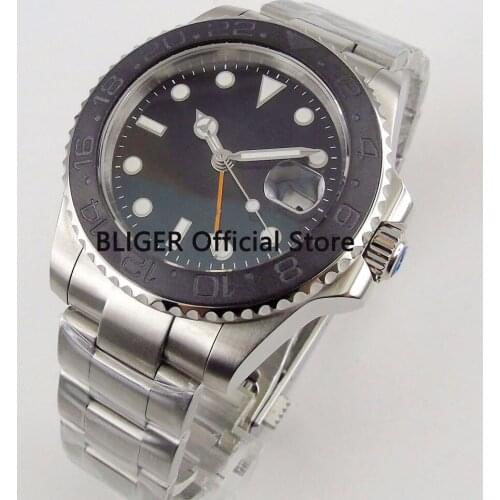 Sapphire Glass Automatic Mens Watch 40mm BLIGER Black Sterile Dial Ceramic Bezel Orange GMT Pointer Stainless Band