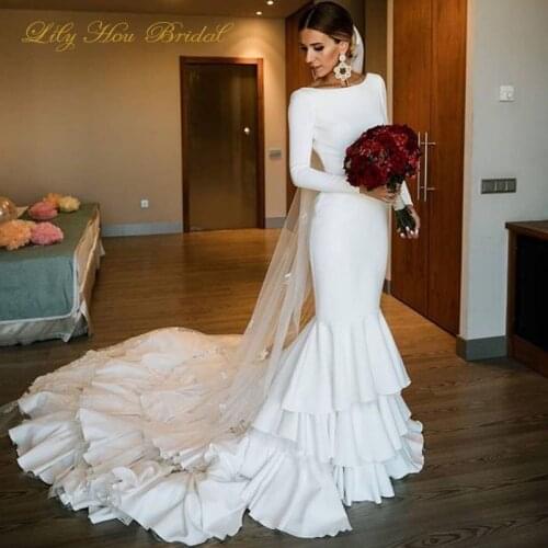 Wedding Dress Mermaid Style Bateau Neck Modest Long Sleeves Tiered Skirt Elegant Bridal Gowns with Train