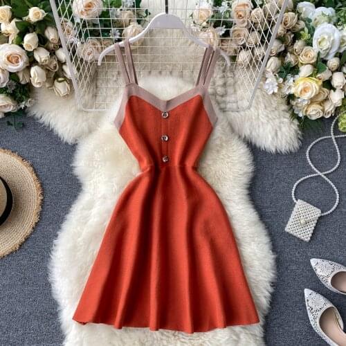 Vintage Slim button 2021 spaghetti strap dress sexy Summer Knitted short Dress v neck vestido de festa Women Party a-line dress