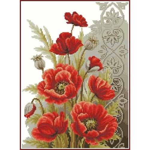 Top Quality Beautiful Lovely Counted Cross Stitch Kit Poppies and Swirls Red Poppy Flower Flowers vervaco