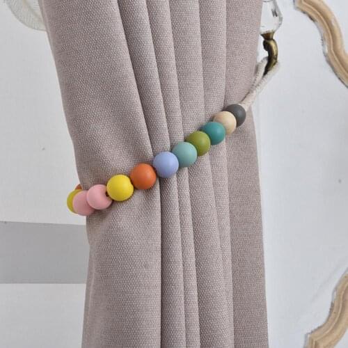 Punch Free Wooden Ball Beads Curtain Straps Tieback Rope Buckle Holder Decor
