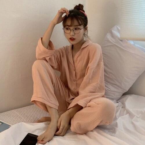 Womens Pajamas Korean Cotton Breathable Leisure Long Sleeve Trousers Sleepwear 2 Piece Set Solid Color Loungewear INS Nighties