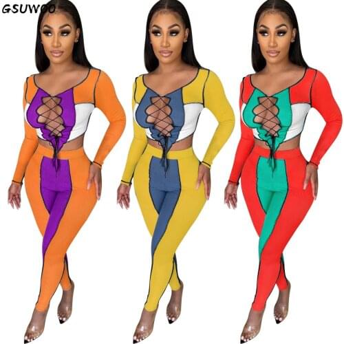 Gsuwoo Women Stitching Contrast Color Sports Casual Suit Sexy Long Sleeve Cross Lace-up Rib Knit Crop Top Leggings Pants Outfits