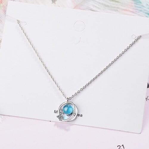 925 Sterling Silver Link Chain Blue Crystal Round Necklace For Women collares femme Choker Necklace DZ815