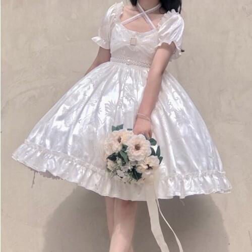 Soft Sweet Square Collar Women Dress Short-Sleeve High Waist Princess Dresses Japanese Girly Kawaii Patchwork Cosplay Costume