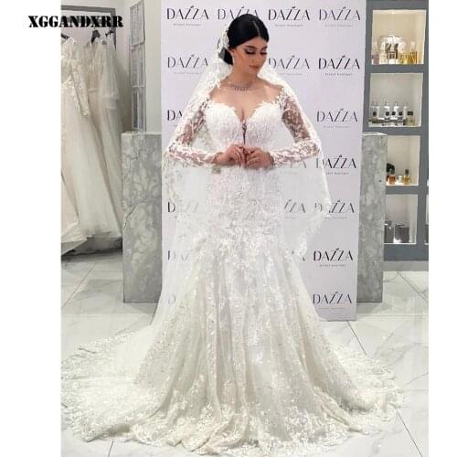 Romantic Wedding Dress 2022 Tulle Mermaid Vestido Novia White O-Neck Full Sleeves Appliques Beading Chapel Train Or Plus Size