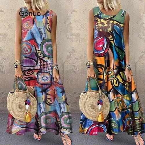 2020 Summer Printed Maxi Dress Womens Sundress Vintage O Neck Sleeveless Tunic Vestidos Plus Size Casual Robe Femme 5XL