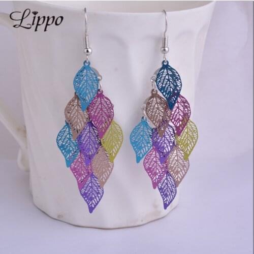 6 colors fashion filigree jewelry long Teardrop Dangle Drop Leaf tassel copper earrings for women