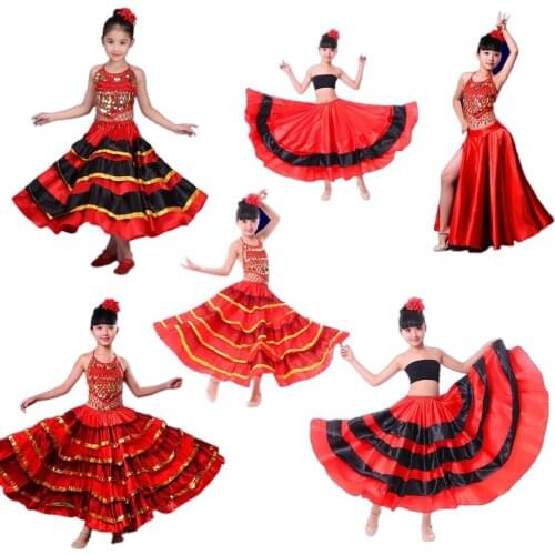 2021 High Quality Satin Soft Red Black Teenager Girls Spanish Flamenco Skirt Striped Bling Ballroom Stage Wear Performance Dress