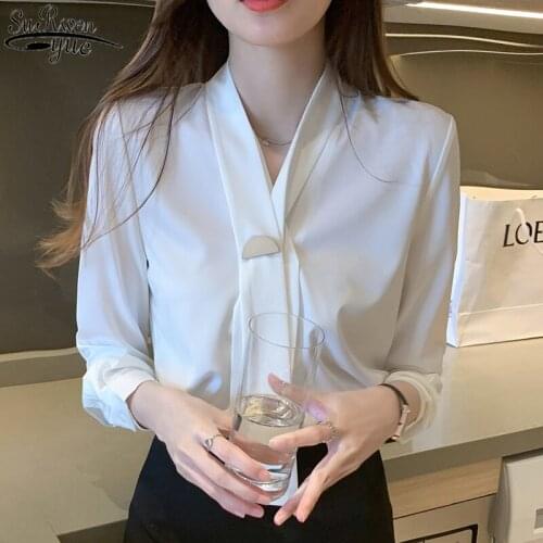 Blusas 2021 Autumn New Long Sleeve Satin Women Blouses V-neck Pullover White Blouse Women Solid Button Casual Women Shirts 11054