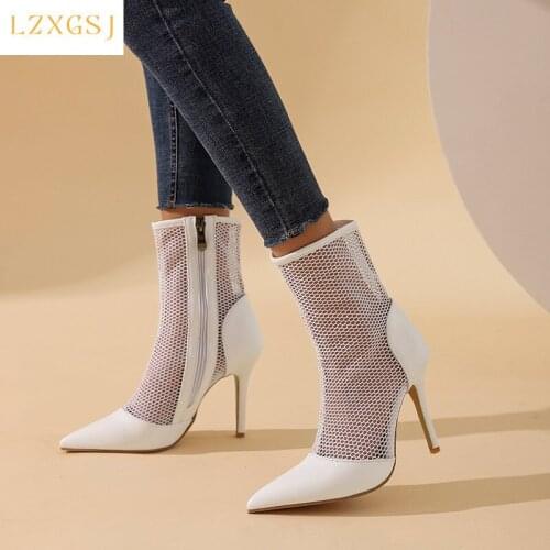 2021 New Summer Women Ankle Boots Patent Leather Mesh Zipper High Heels Long Boots Fashion Pointed Toe Autumn Lady Shoes