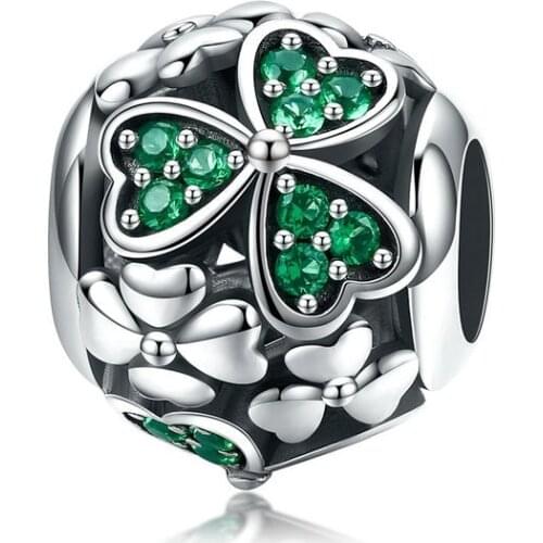 BISAER 925 Sterling Silver Green Hope Leaves Shamrock Clover Charm Beads fit Beads DIY Sterling Silver 925 Jewelry Making ECC964
