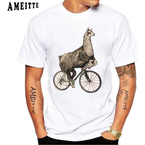Cute Llama Riding A Bicycle Print T-Shirt Summer Mens Short Sleeve For Animal Lovers Clothing White Hipster Tee Tops Homme