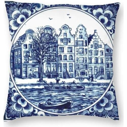 Dutch Blue Delft Vintage Boats Print Cushion Covers Sofa Home Decor Square Throw Pillow Case 45x45