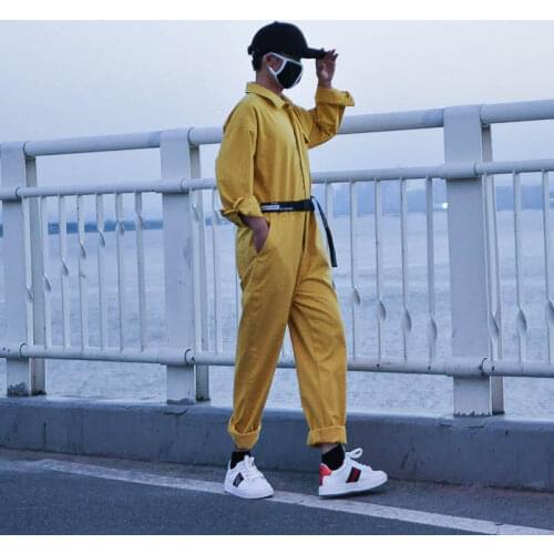 YUTU&MM homemade jumpsuit mens overalls overalls yellow long-sleeved trousers twill cotton unisex straight-leg pants