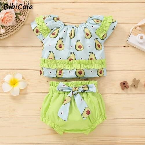 BibiCola Girls Summer Clothes Set Kids Girls Avocado Tops Vest + Green Shorts Clothing Suit Baby Fashion Outfits Set 2PCS/Set
