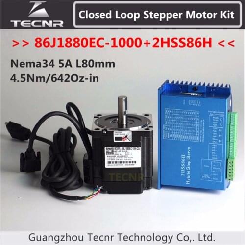 NEMA 34 Closed Loop Stepper Motor Kit 4.5Nm 642Oz-in 5A 86J1880EC-1000+2HSS86H 2 Phase Step-servo Driver