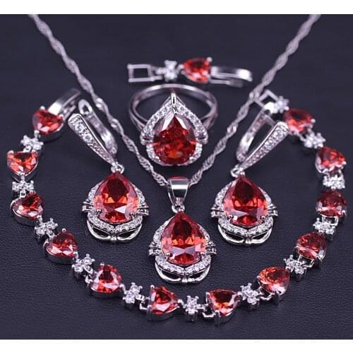 Big Discount China Lucky Color Red Stone Silver Color Costume Jewelry Set Big Water Drop Square Bridal Jewelry Set