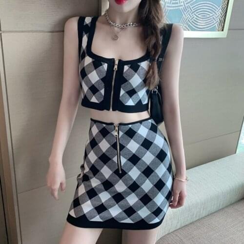 Korean Cute Sweet Sweater 2 Piece Set Women Crop Top + Sheath Bodycon Skirts Sets Plaid Sleeve Knit Vest & Skirt Two Piece Suits
