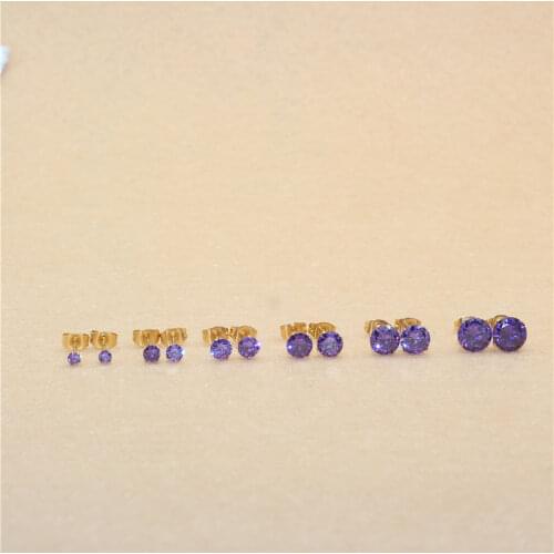 Size 3mm to 8mm 316L Stainless Steel Purple Color Round Zircon Stud Earrings No Fade Allergy Free Brief Jewelry