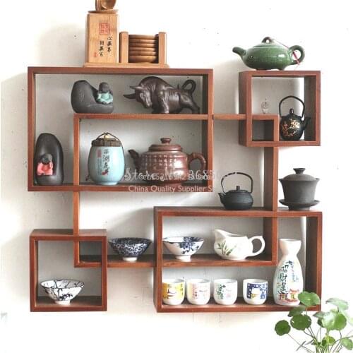 Solid Wood Wall Display Stand Size Purple Sand Teapot Cup Holder Tea Set Storage Cabinet Rack