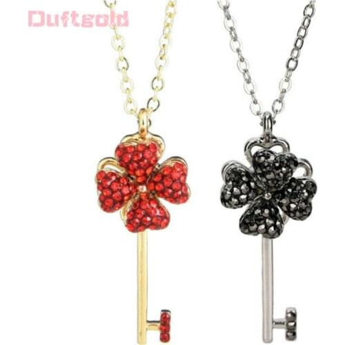Korea New Spin Shiny Crystal Four-clover Dangle Drop Necklace for Women Creative Heart Key Pendant Necklaces Fashion Jewelry