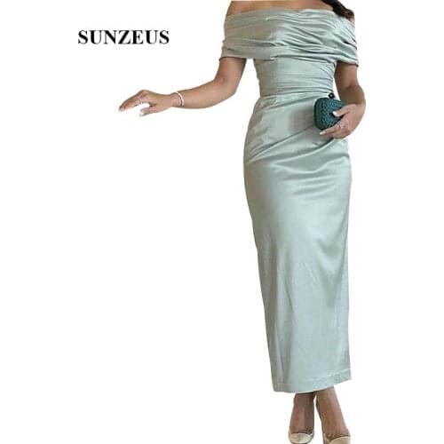 Simple Elegant Women Wedding Party Dresses Sheath Off Shoulder Ankle Length Satin Groom Mother Dress Wedding Guest Dress