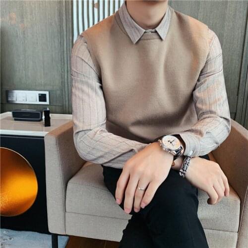 Pullover 2020 Autumn Fake Two High Quality Striped Shirt Collar Knitted Vest Pullover Sweater Men Trendy Sweater For Men