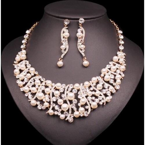 Luxury Silver Plated Necklace Earring Sets Imitation Pearl Jewelry Sets for Brides Gift for Women Wedding Party Indian Jewellery