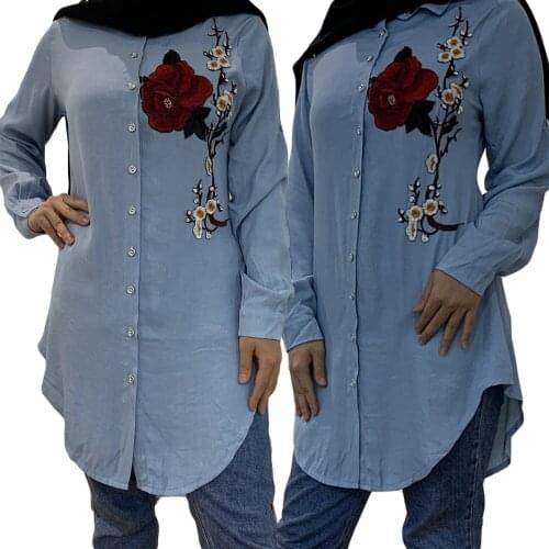 Muslim Women Tops Embroidery Casual Dubai Long Shirts Blouse Cotton Denim Blue Arab Ramadan Islamic Spring Fall Plus Size S-6XL