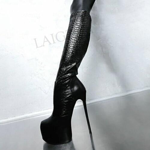 BERZIMER Women Knee High Boots Crocodile Print Side Zip Boot Basic Party Unisex Party Unisex Shoes Woman Big Size 43 44 45 47 52