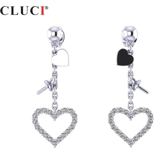CLUCI Silver 925 Zircon Earrings For Women Engagement Romantic Heart Shaped Pearl Earrings Mounting Jewelry Drop Earring SE104SB