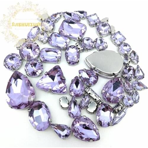 52pcs 23sizes 10shapes MIX Crystal violet Size Crystal Glass Sew-on Rhinestones Silver Bottom DIY Womens Dresses and Shoes