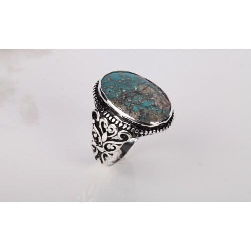 UM US JEWELRY Turquoise Natural Stone Hand Embroidered 925 Sterling Silver Men Ring