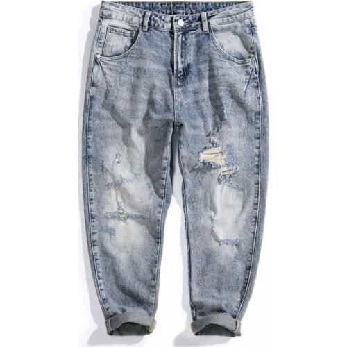 Hip Hop Jeans Men Light Blue Stretch Harem Pants Destroyed Moto Biker Jeans Mens Cropped Trousers Top Quality Pantalones Hombre