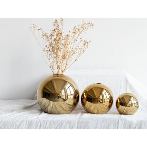 Golden Electroplated Ceramic Ball Flower Vase Figurines For Interior Modern Decorative Pot Home Living Room Decor Gifts