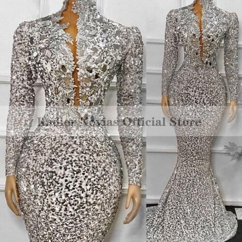 Long Sleeves High Neck Mermaid Evening Dresses 2021 Silver Prom Dress vestidos de noch fiesta