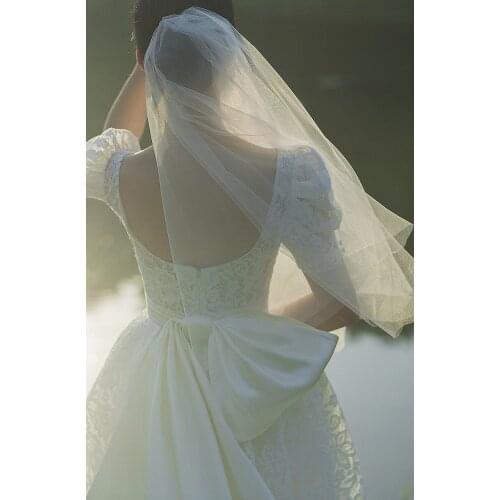 High Quality Long Lace Wedding Dresses 2021 Short Sleeve Scoop Backless Bridal Gowns With Bow Vestido De Noiva Custom Made